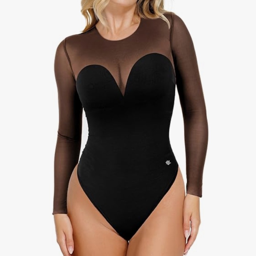 Popilush Sheer Mesh Shapewear Long Sleeve Thong Bodysuit
